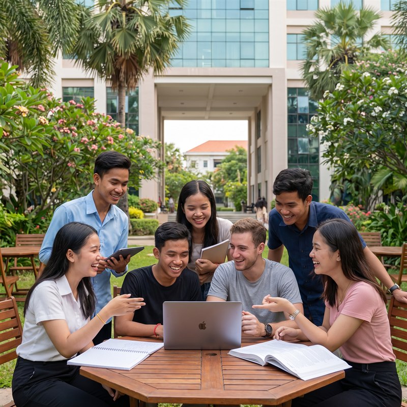 A diverse group of university students learning together on campus